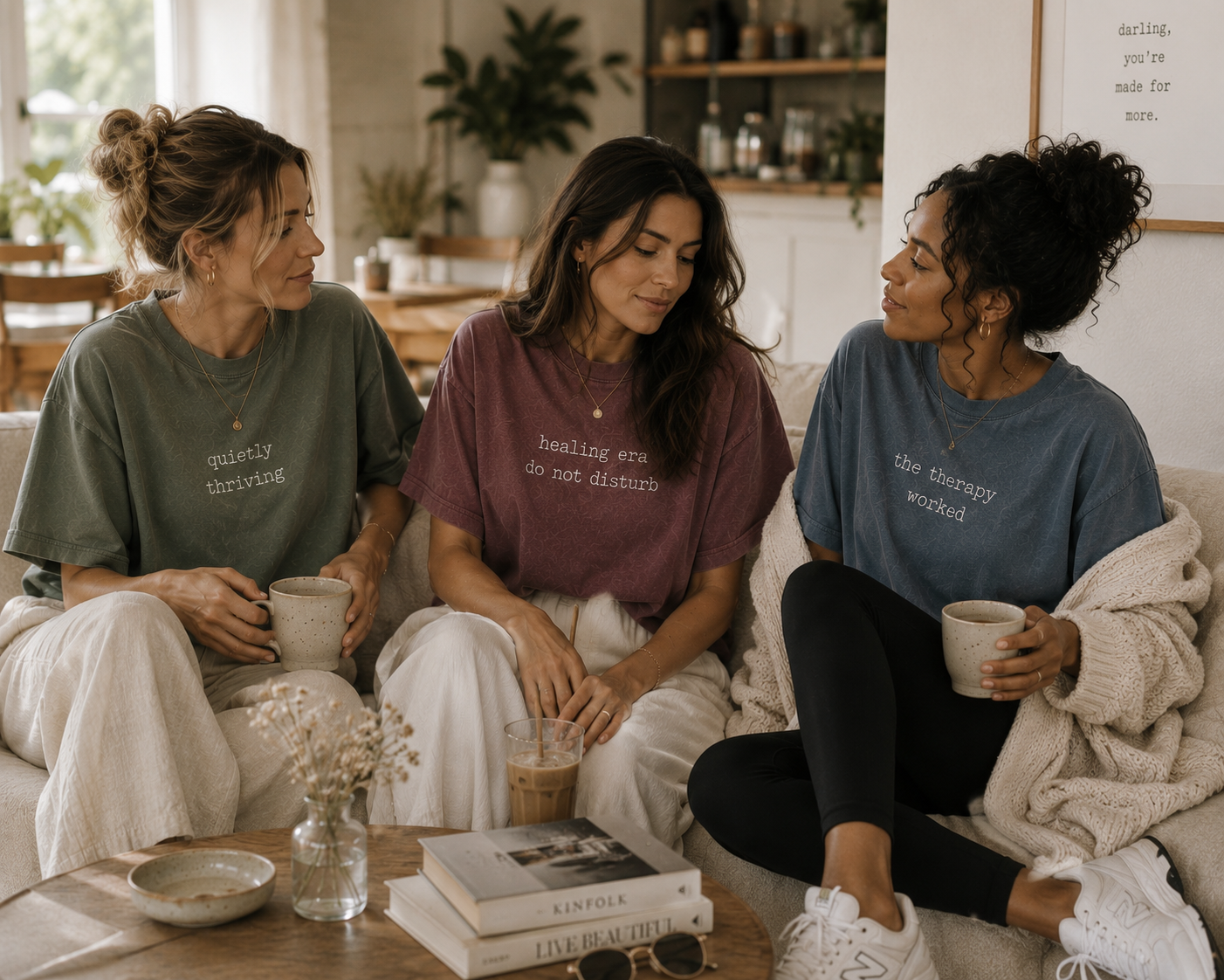 Three women sitting on a couch in a cozy living room, wearing healing divorce t-shirts with text.
