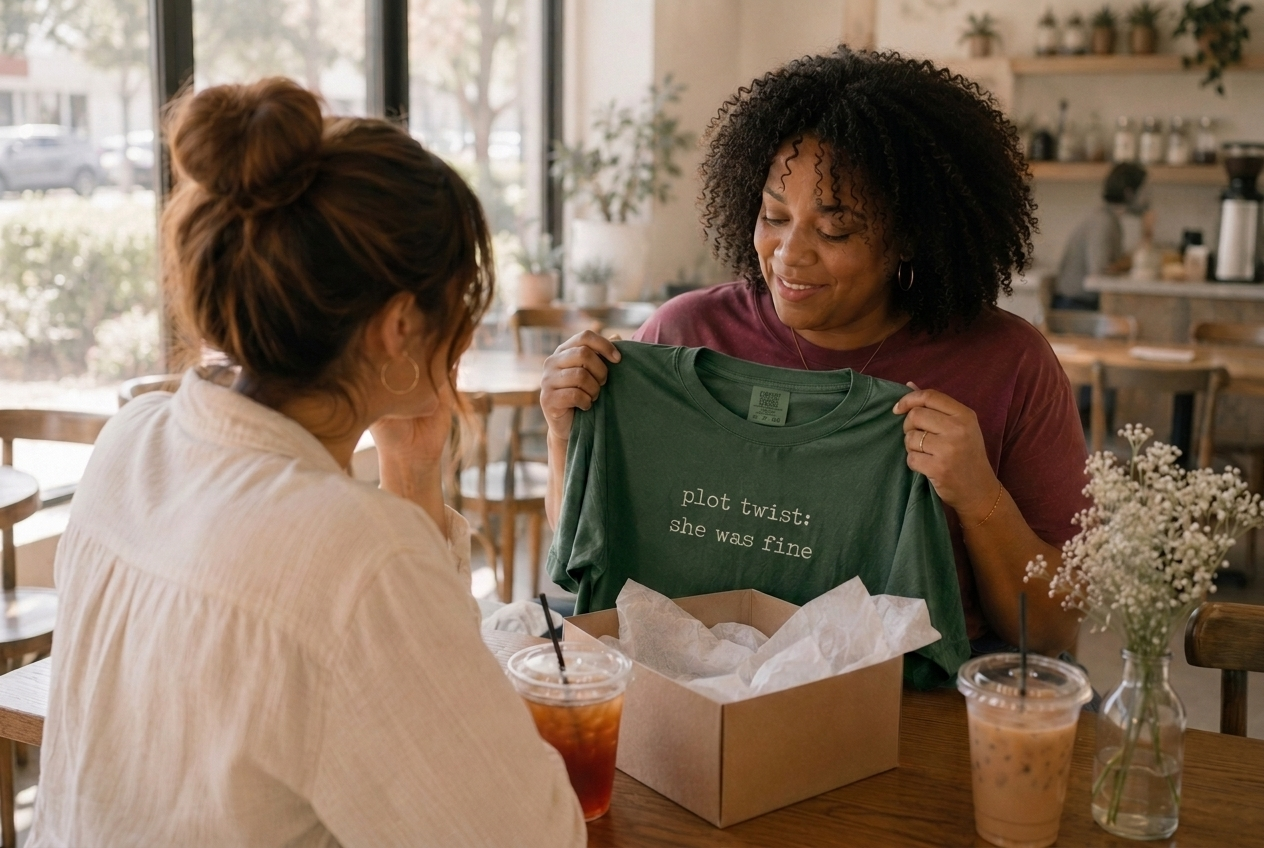 Friend gifting a moss green “Plot Twist: She Was Fine” t-shirt to a plus-size Black woman, a thoughtful breakup recovery gift for women starting over after divorce.