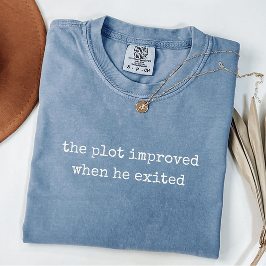 the plot improved when he exited blue jean comfort colors funny divorce shirt for women in their life after divorce era